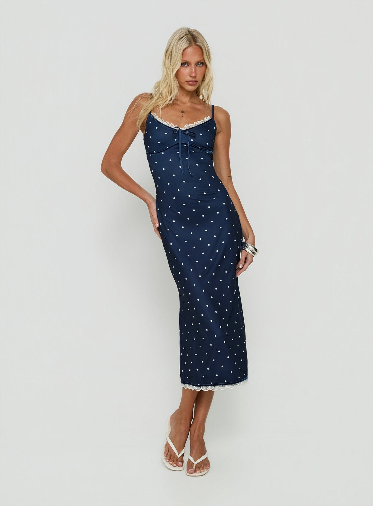 Delaney V Neck Frill Midi Dress Navy / White Polka