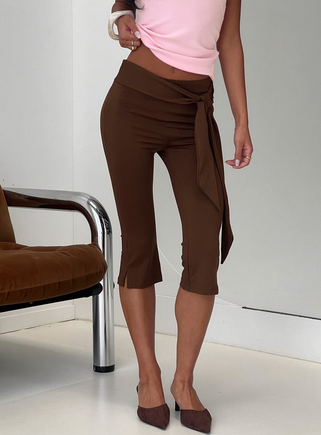 Lizana Tie Side Capri Pants Brown