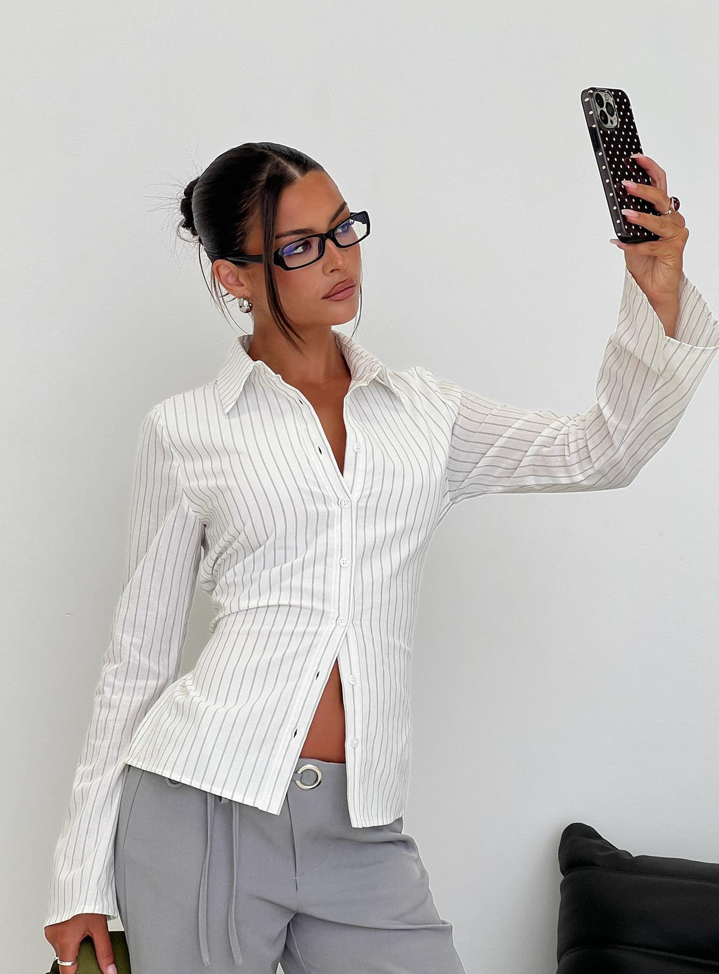 Eryx Tie Back Button Up Top White Pinstripe