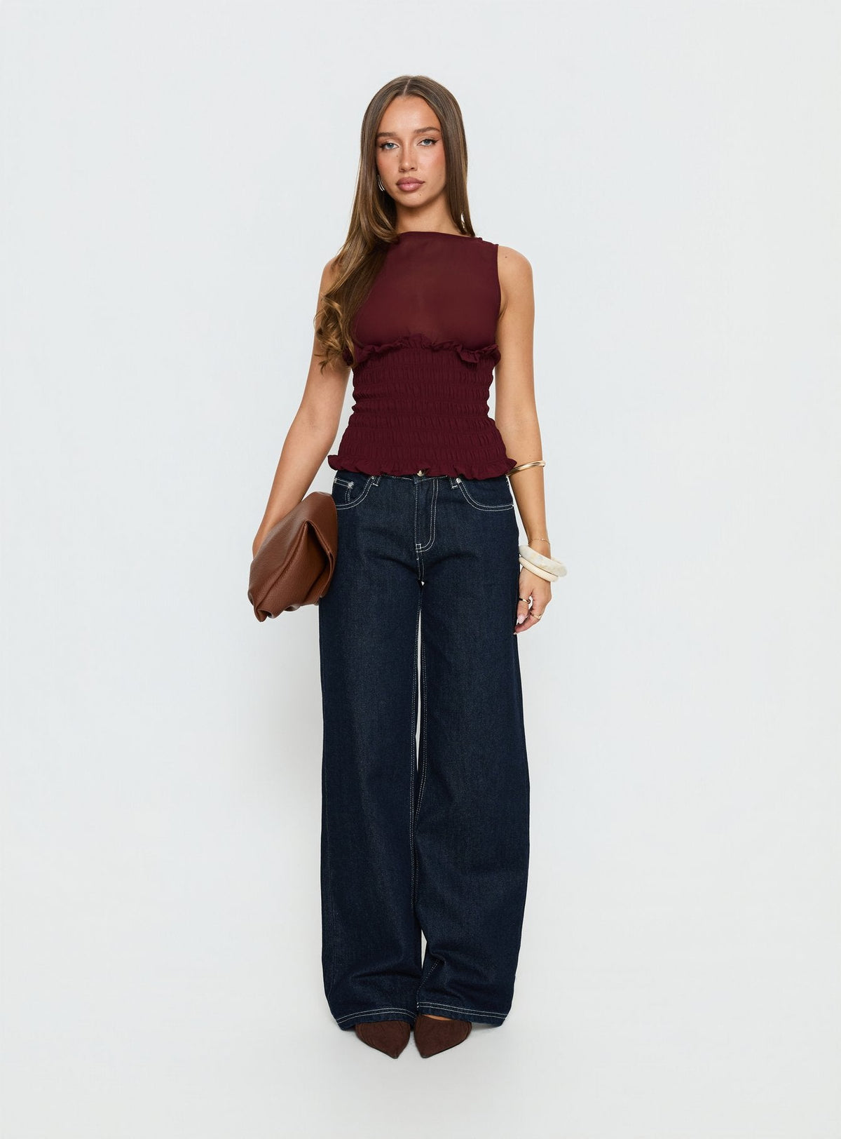 Fever Kiss Chiffon Ruched Top Wine