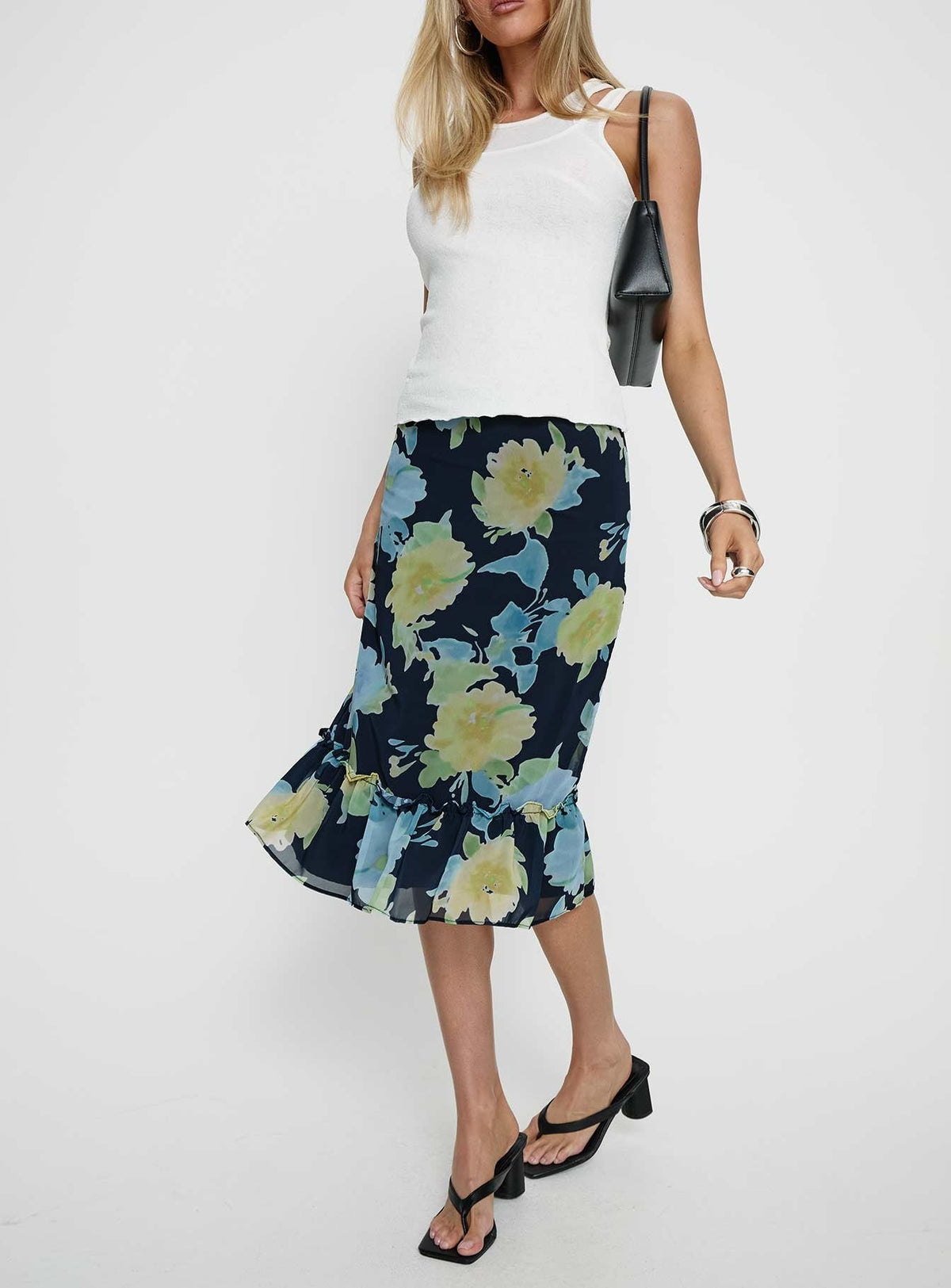 Tarla Midi Skirt Crystal Black Flower