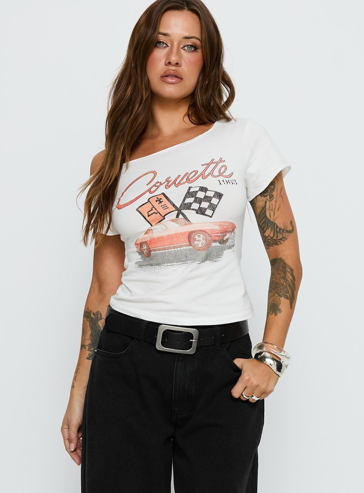 Corvette 1963 Off Shoulder Graphic Top White