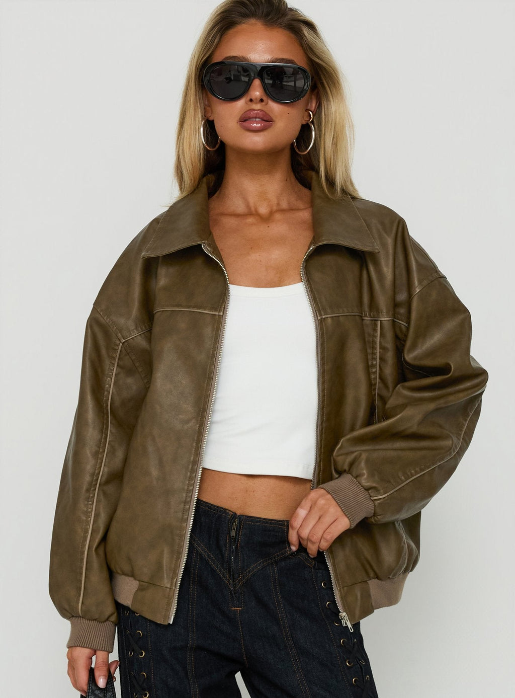 Goldsmith Faux Leather Bomber Jacket Washed Brown