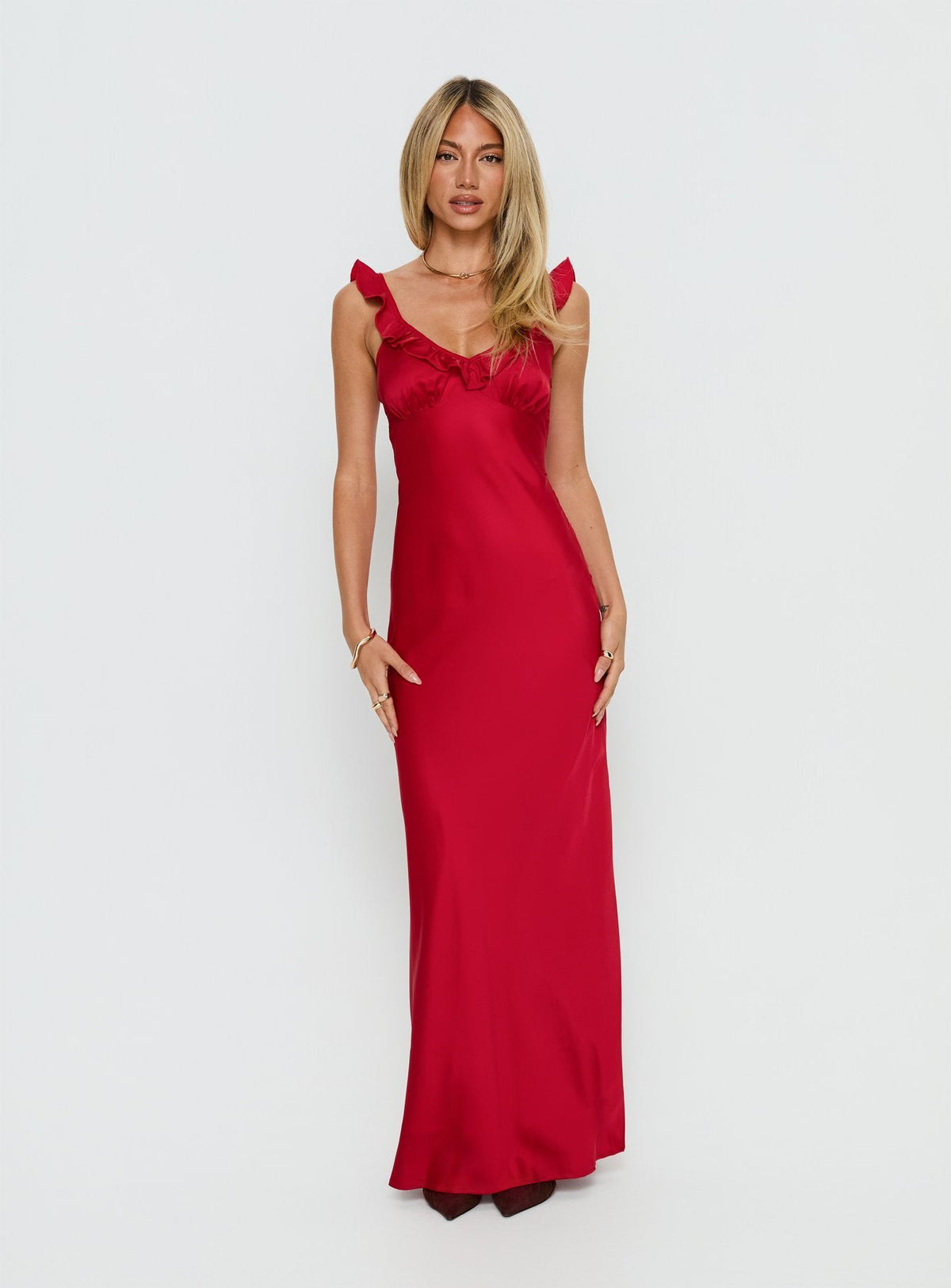 Ondrea Frill V Neck Maxi Dress Red