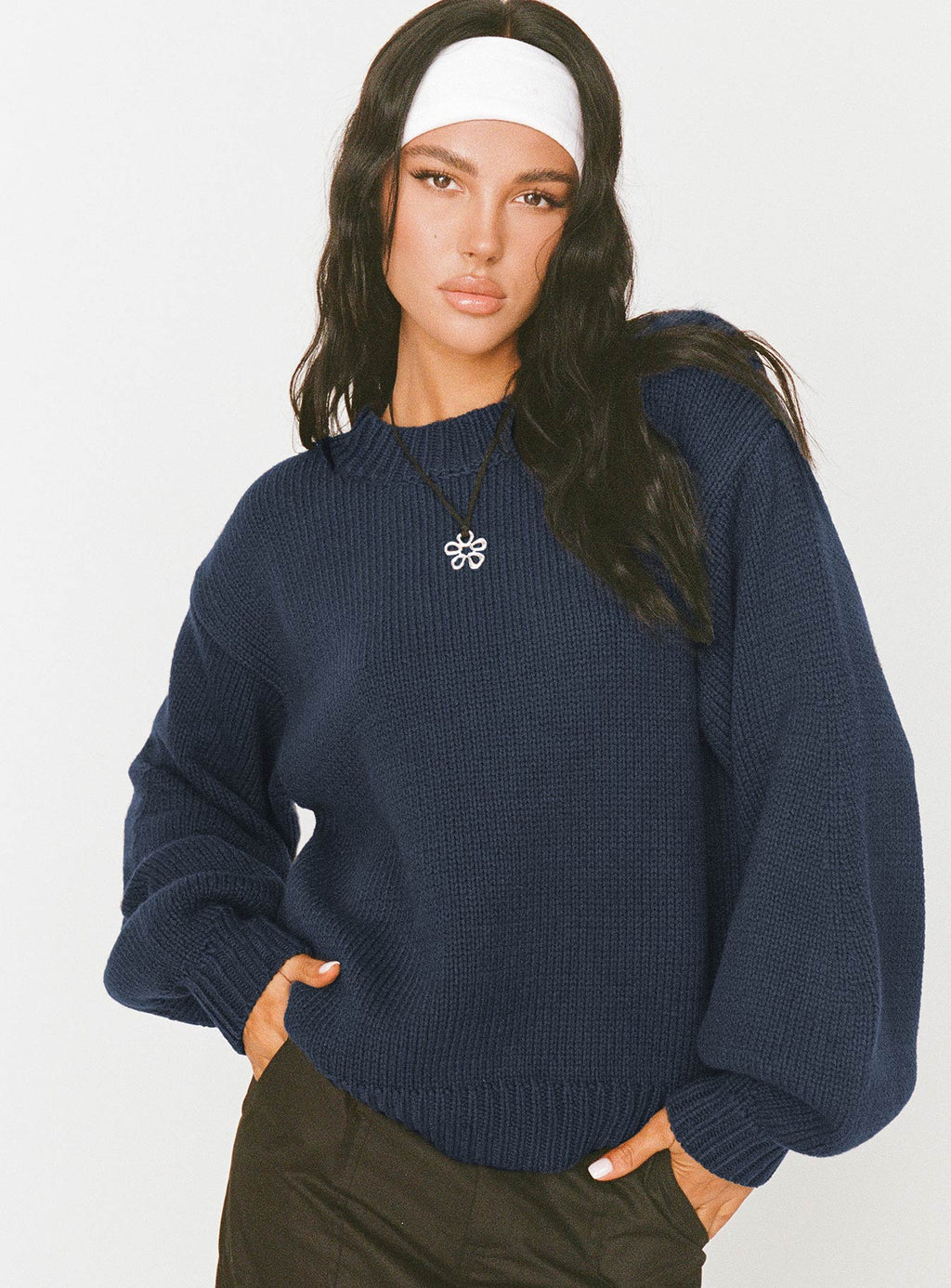 Harmony Balloon Sleeve Knit Sweater Navy