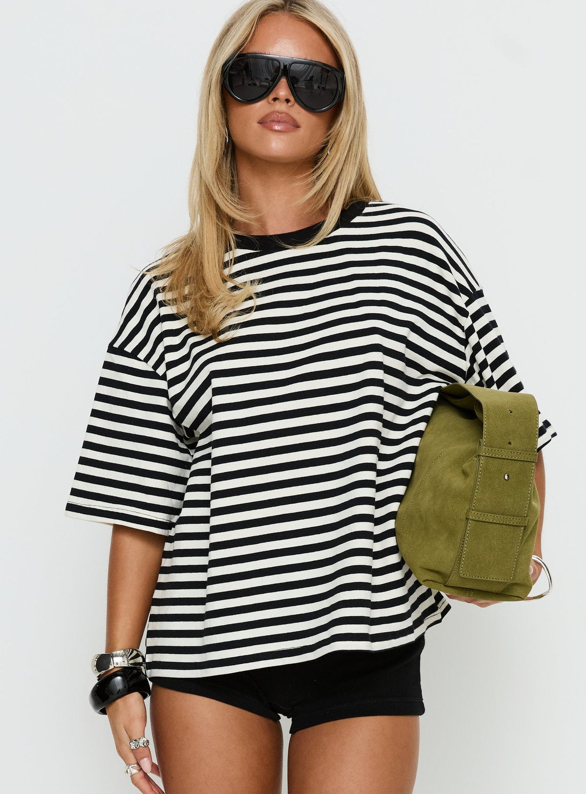 Settle Down Short Sleeve Top Black / White Stripe
