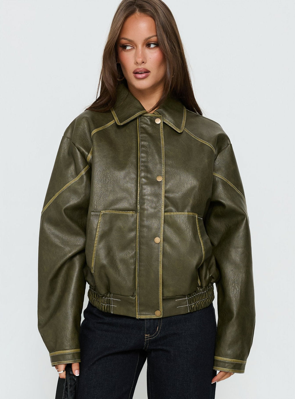 Jaxton Faux Leather Bomber Jacket Olive