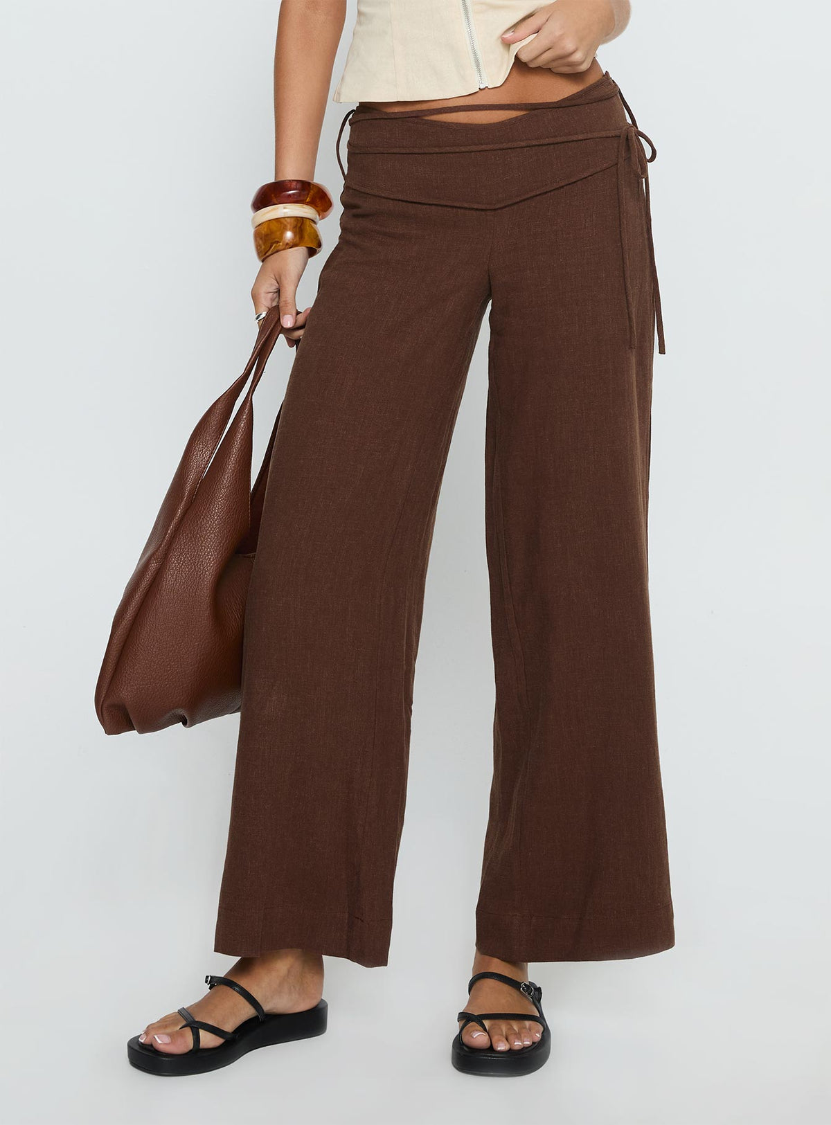 Silver Moon Linen Blend Tie Pants Brown Petite
