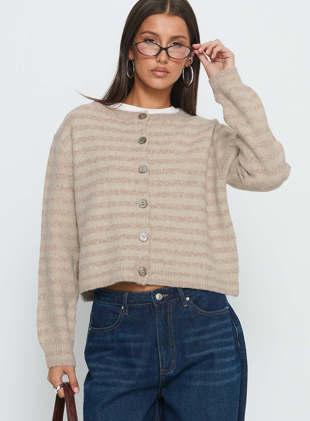 Raynna Button Up Cardigan Beige Stripe
