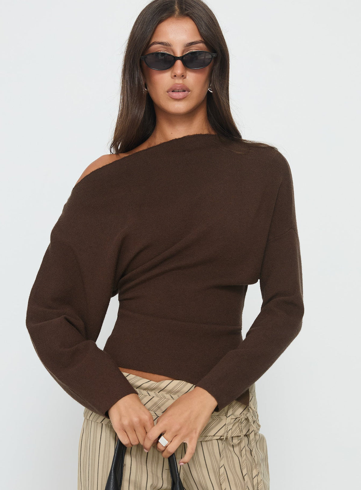 Kaelith Off Shoulder Knit Sweater Brown