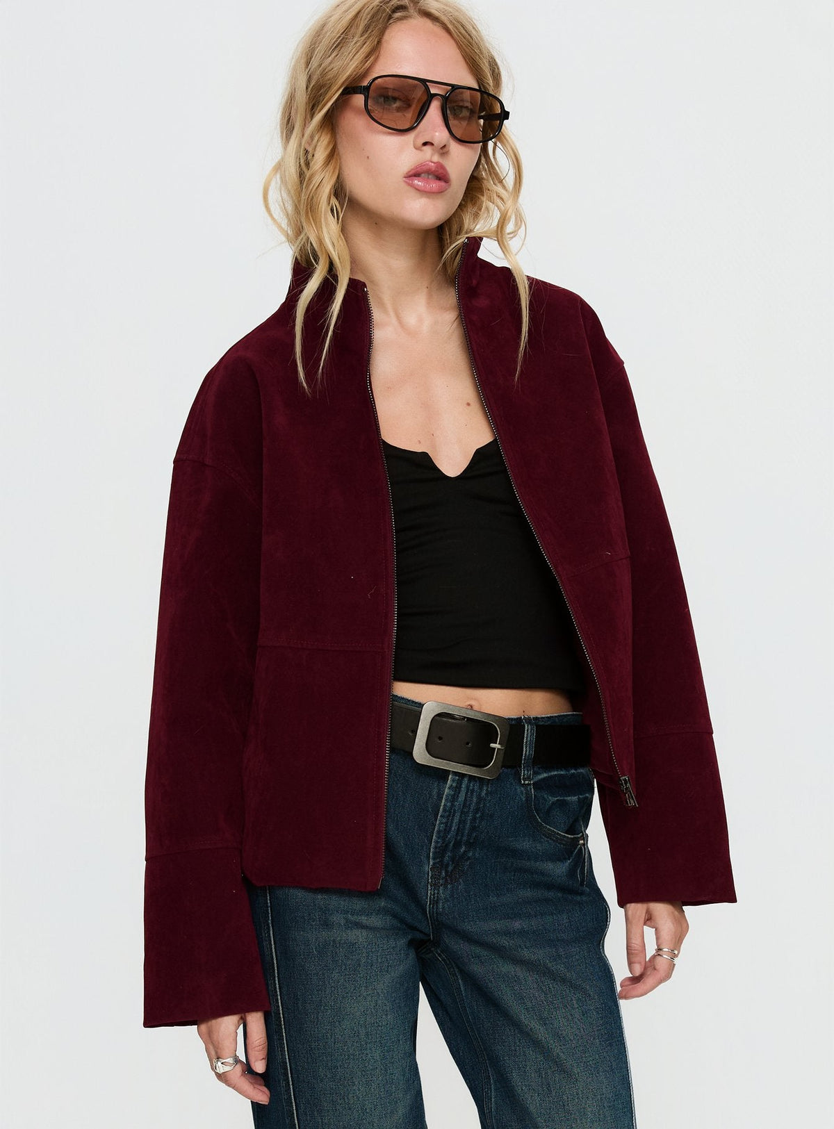 Jessalynn Faux Suede Zip Through Jacket Burgundy