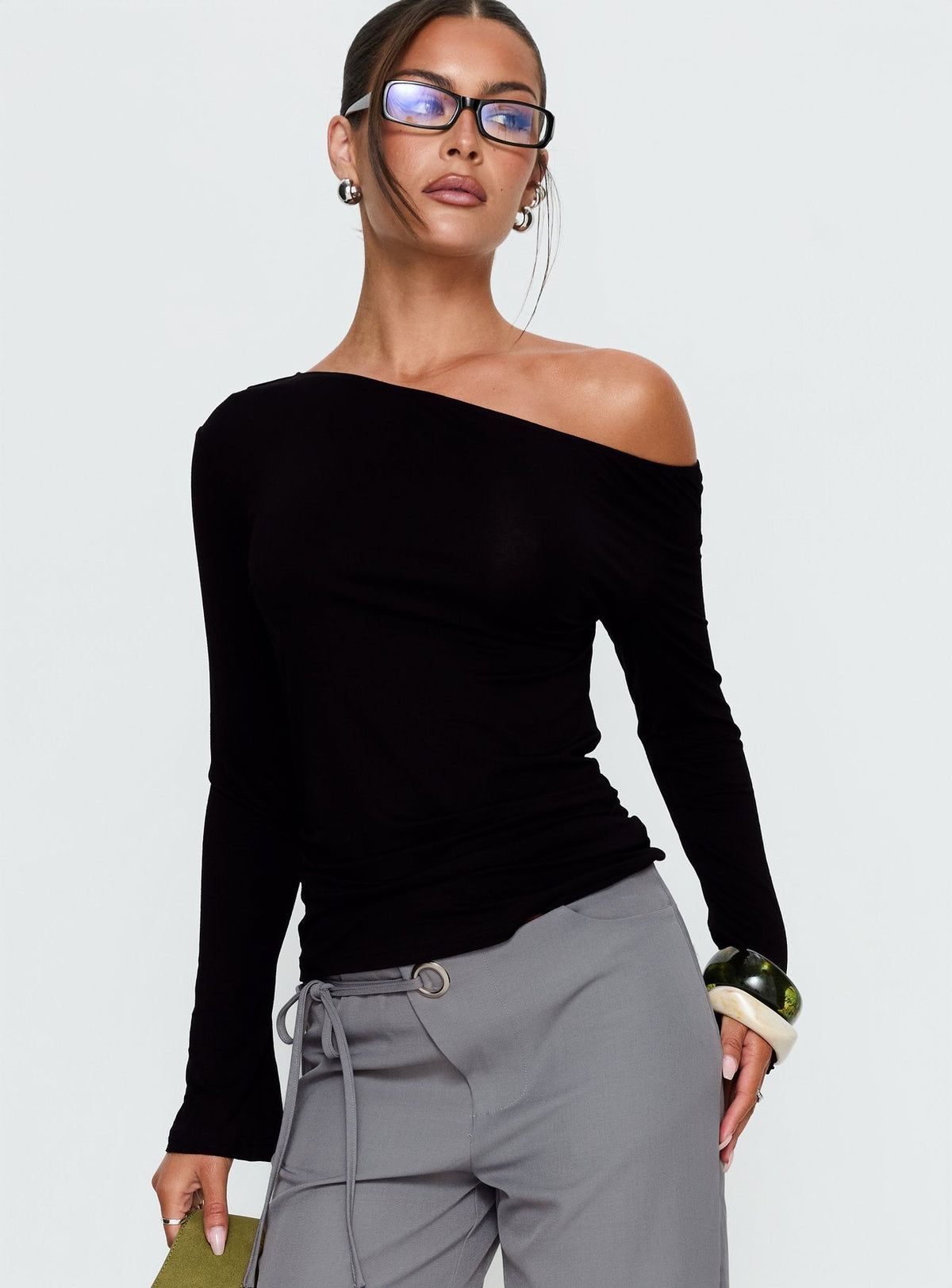Get Home Safe One Shoulder Long Sleeve Top Black