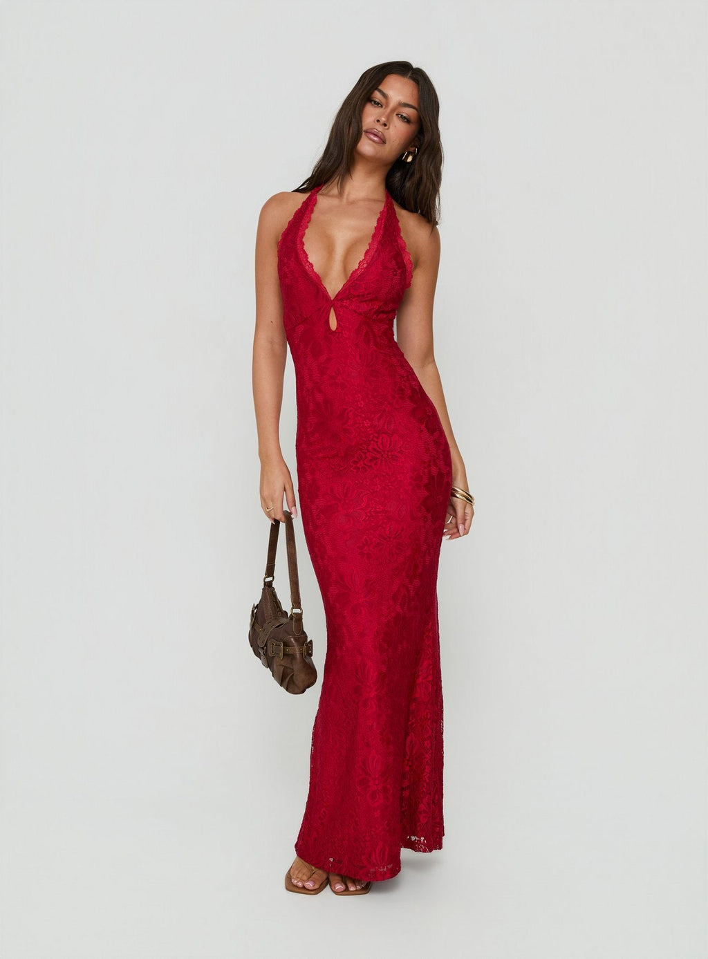 Kalaia Lace Halter Maxi Dress Red
