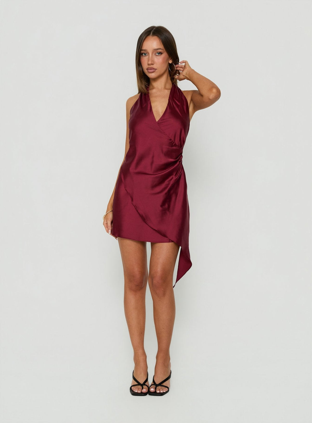 Landree Wrap Halter Satin Mini Dress Burgundy