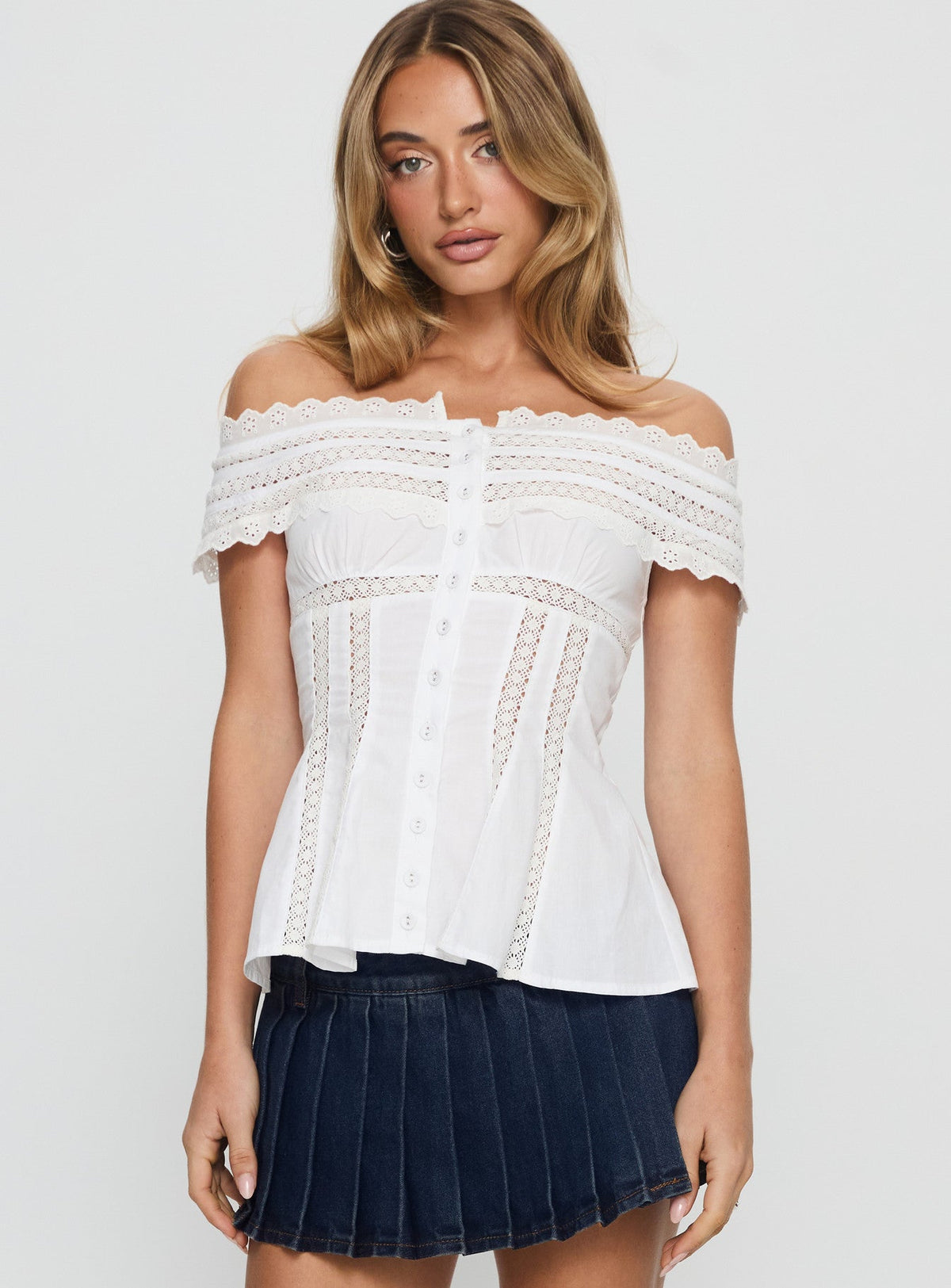 Stately Off Shoulder Lace Trim Top White