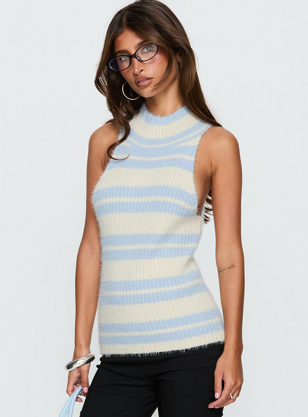 Heide High Neck Fluffy Top Blue Stripe