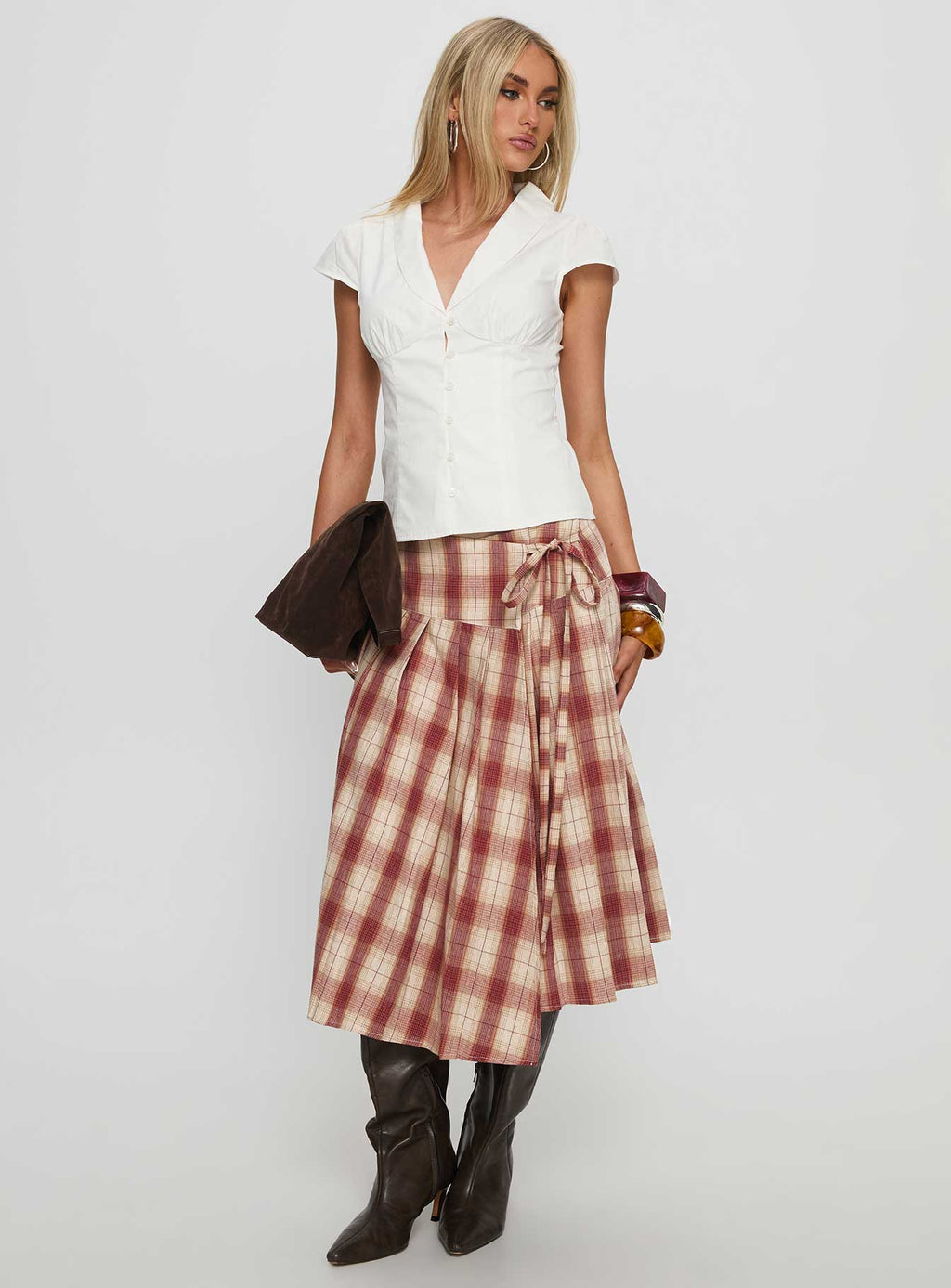 Norie Wrap Pleat Midi Skirt Red Plaid