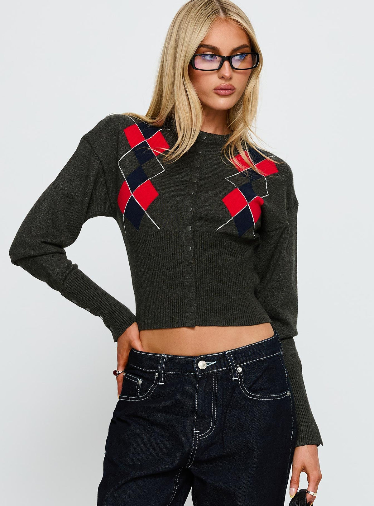 Head In The Clouds Knit Cardigan Grey Argyle