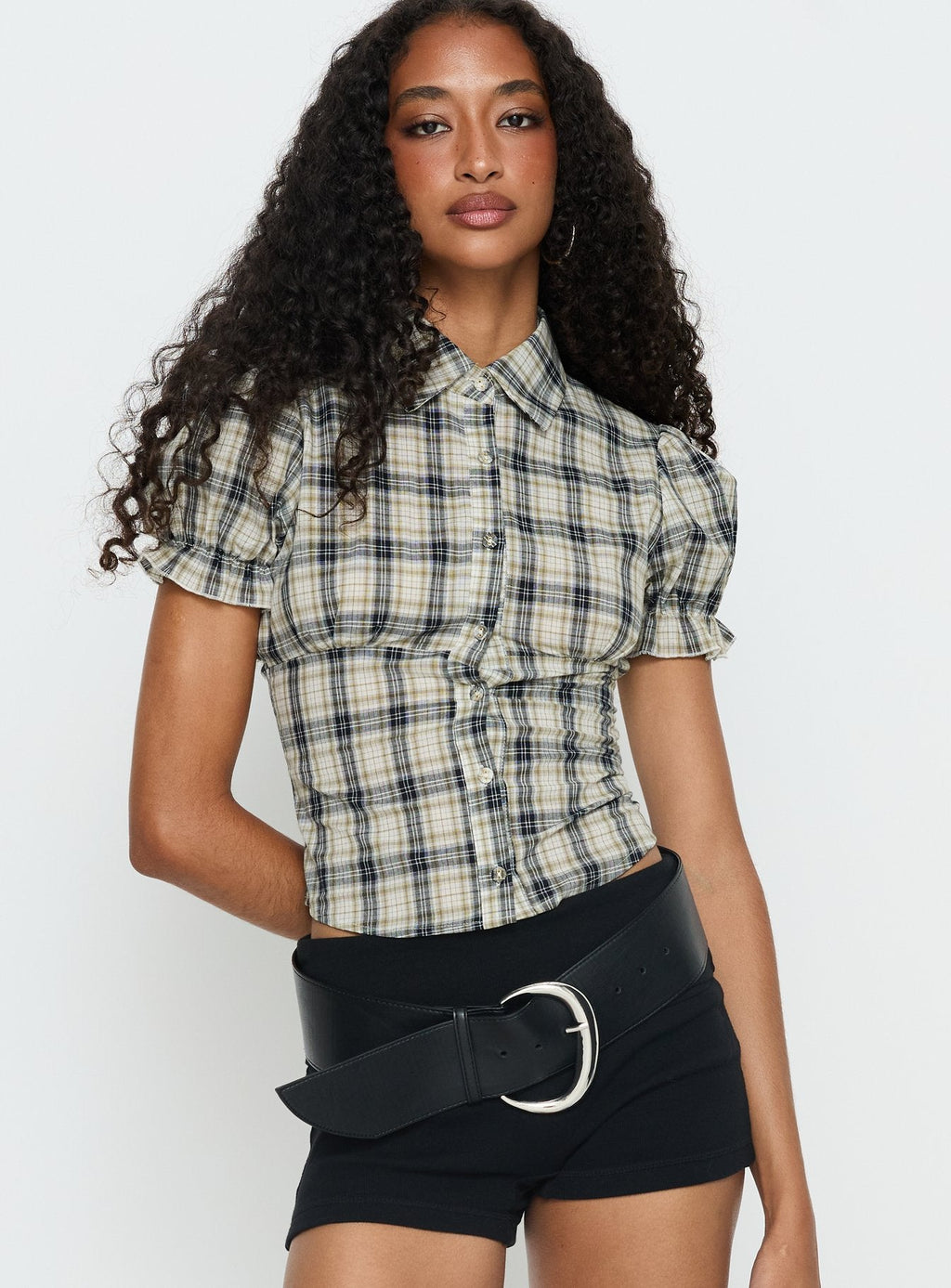 Maxfield Collared Button Up Blouse Top Multi Check