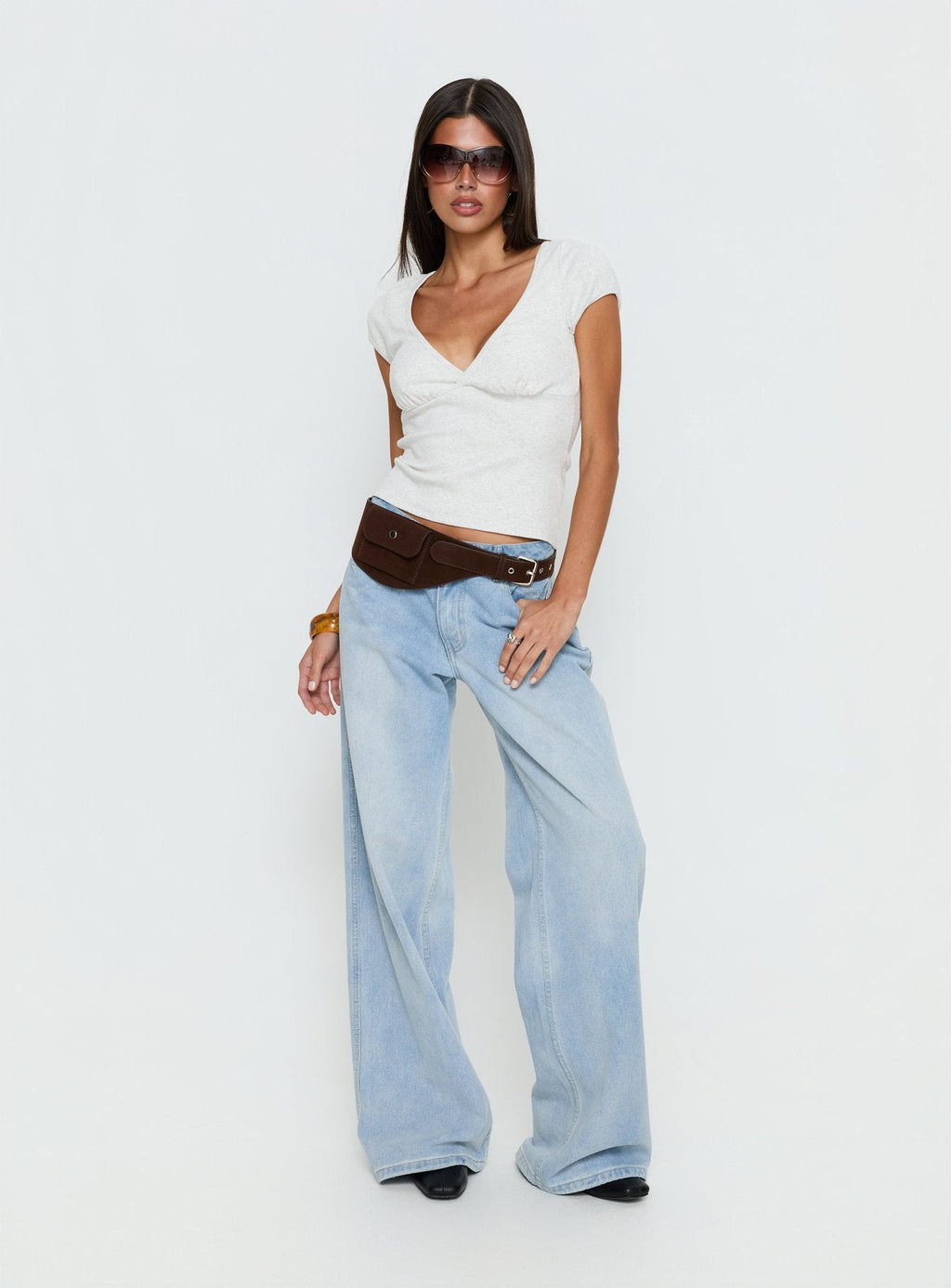 Baseline Cross Over Cap Sleeve Top Grey Marle