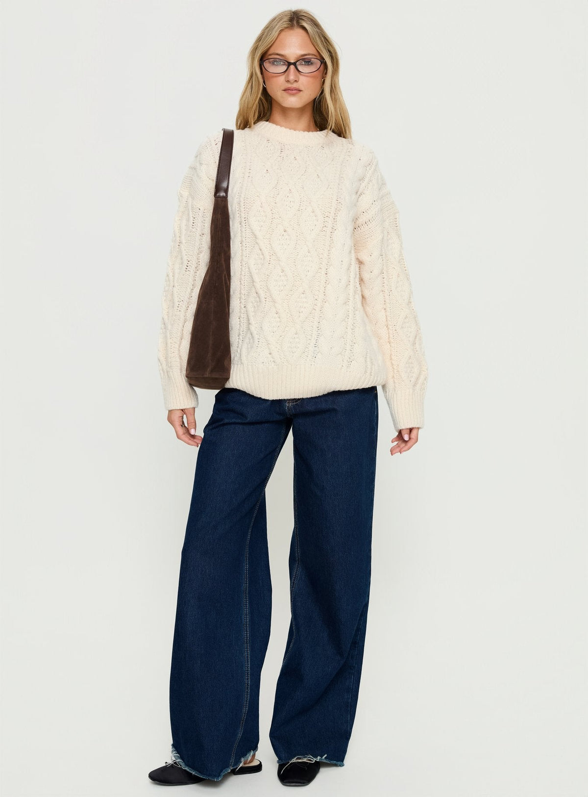 Rorey Cable Knit Crew Neck Sweater White