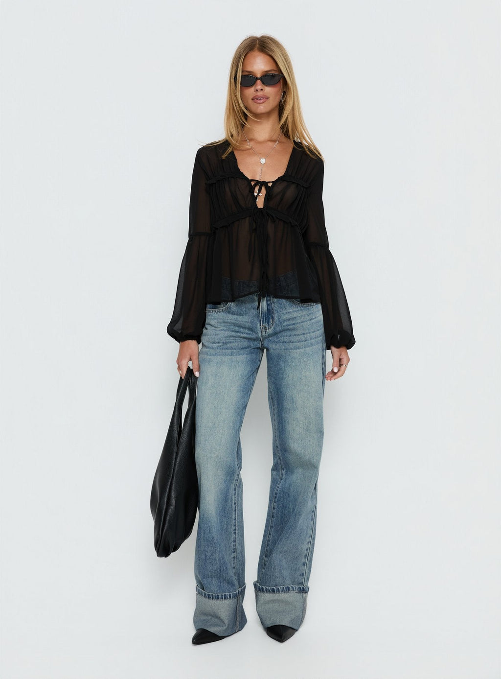 Palapa Tie Detail Sheer Long Sleeve Top Black