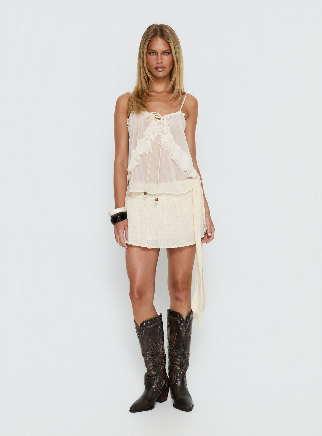 Skinny Dipping Ruffle Sheer Top Cream