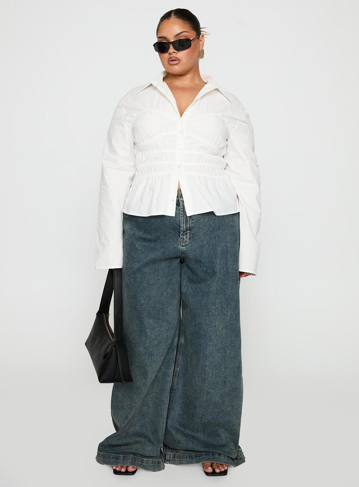 Liesel Shirred Long Sleeve Top White Curve