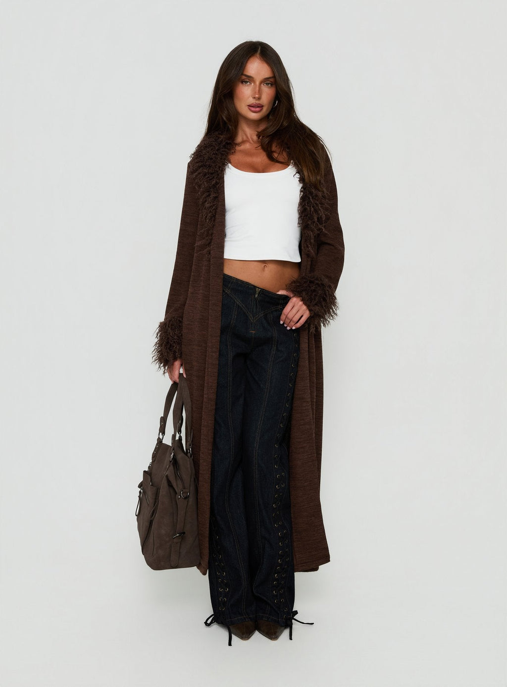Marriah Longline Faux Fur Trim Cardigan Chocolate