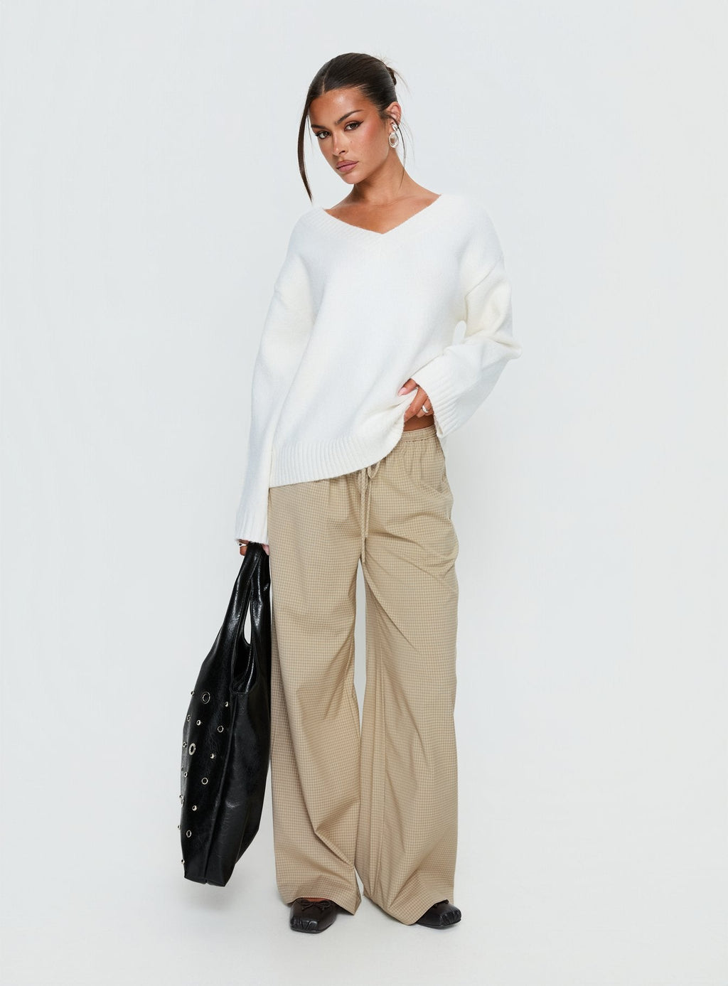 Ketrina Tie Waist Pants Beige Plaid