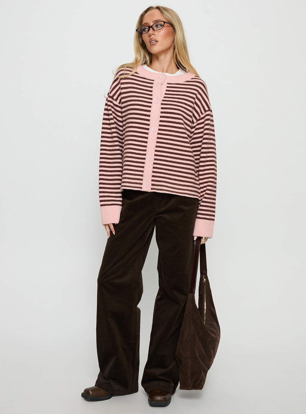 Darnelle Button Up Knit Cardigan Pink Stripe