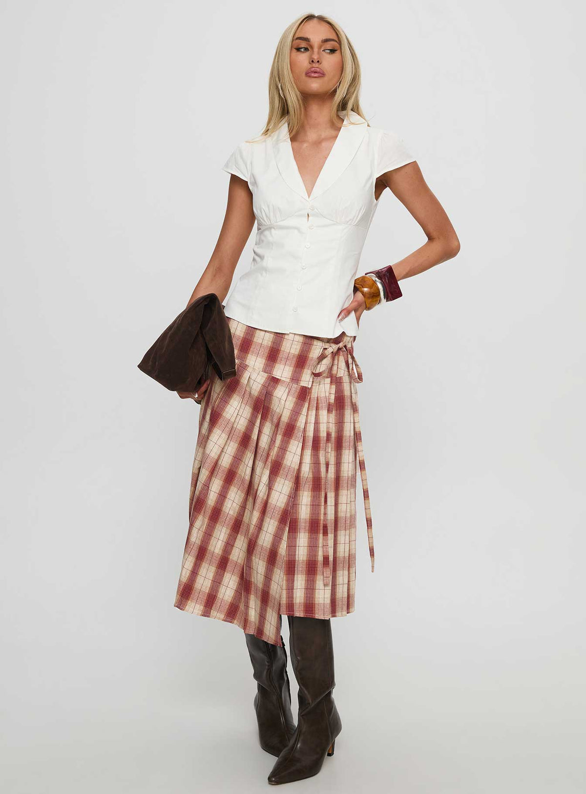 Norie Wrap Pleat Midi Skirt Red Plaid