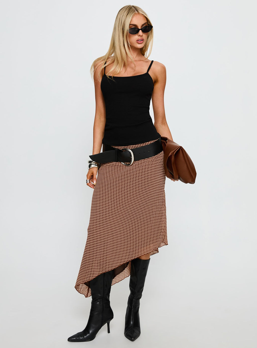 Suella Asymmetrical Midi Skirt Brown Polka Dot