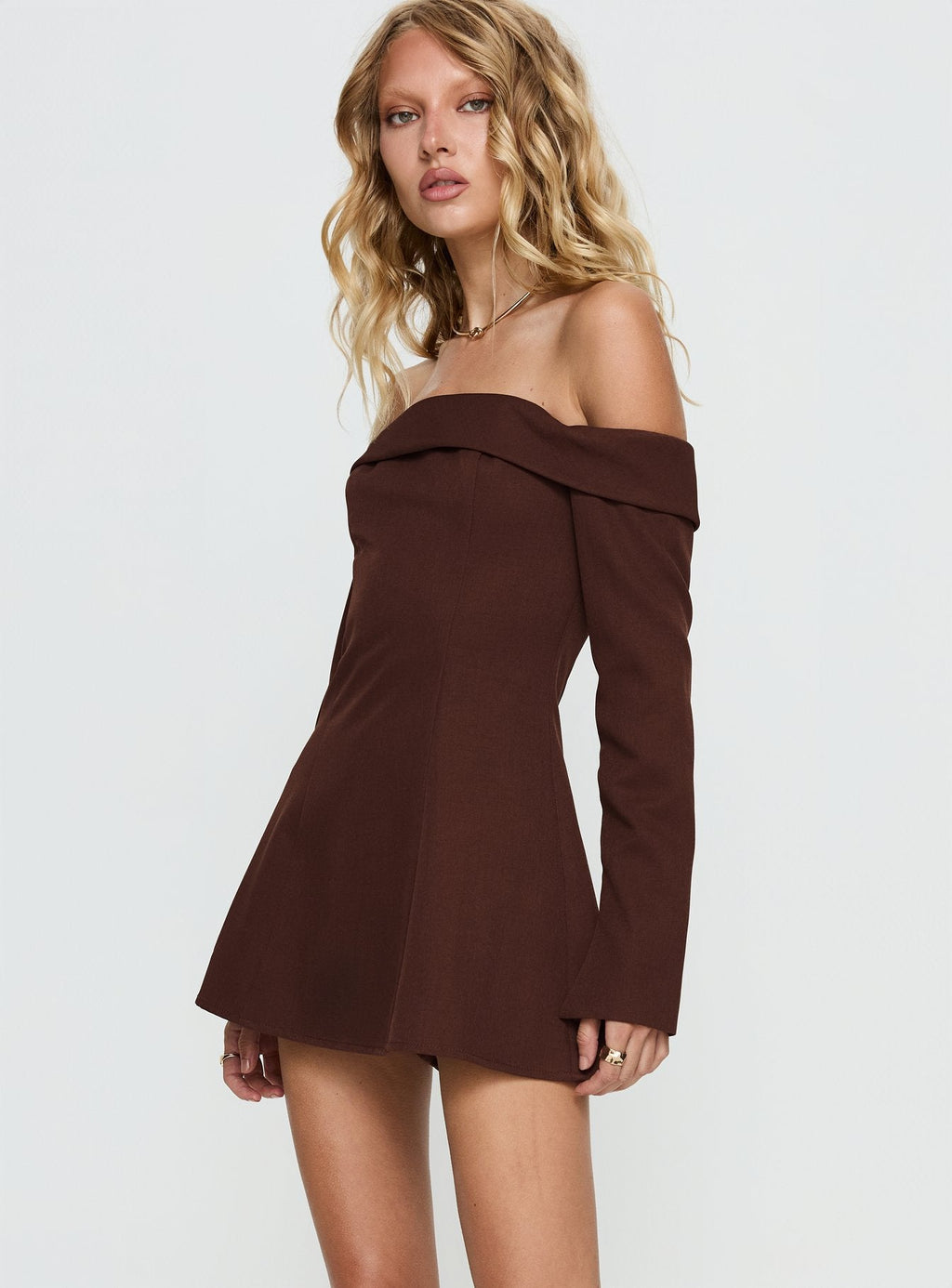 Daija Off Shoulder Long Sleeve Playsuit Brown