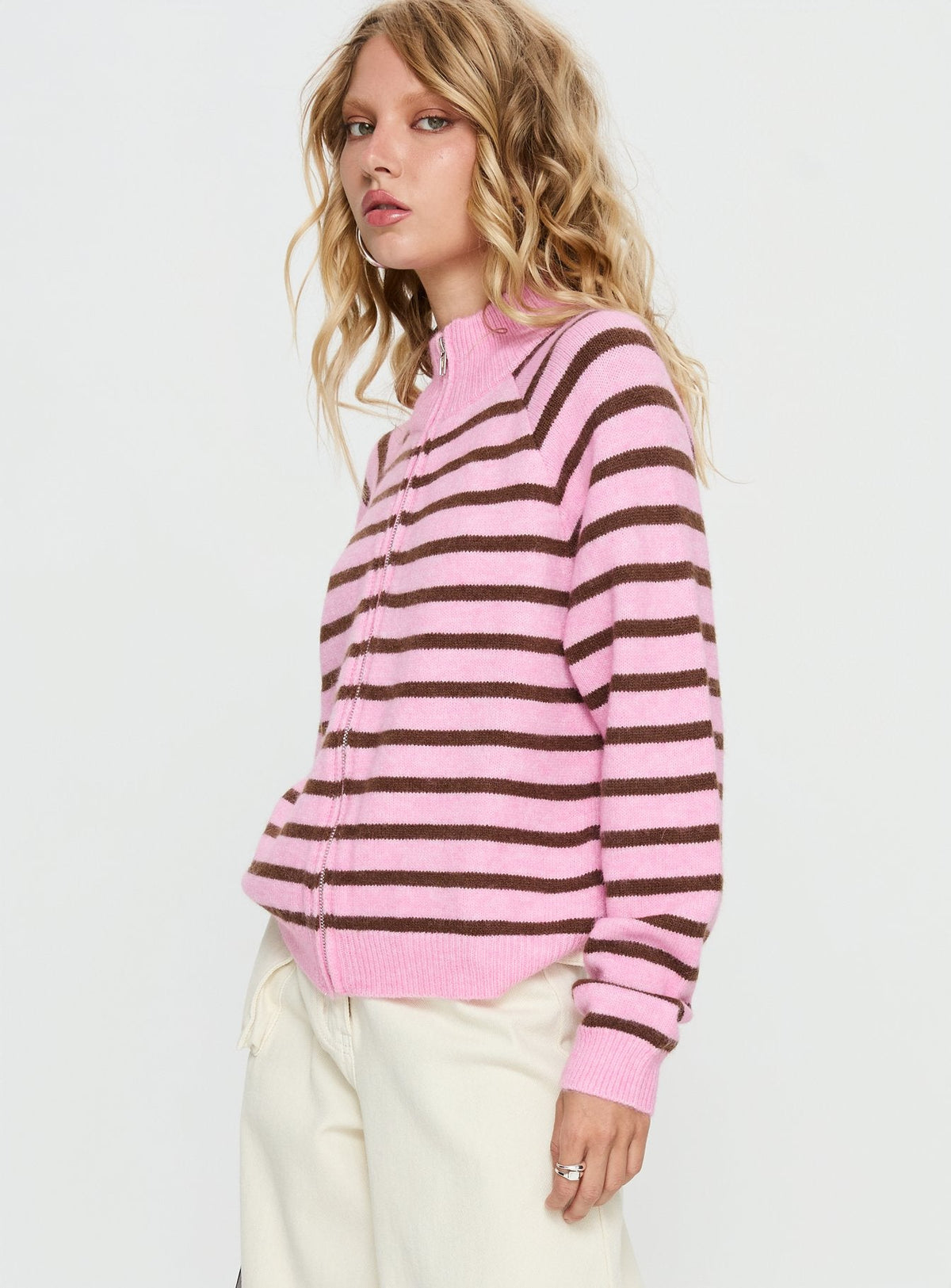 Kaylei Zip Through Cardigan Pink Stripe