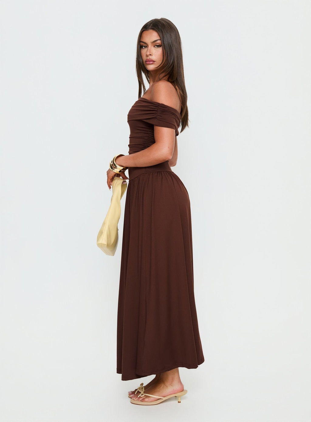 Katalia Off Shoulder Maxi Dress Chocolate Brown