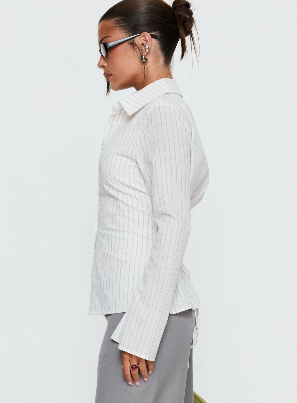 Eryx Tie Back Button Up Top White Pinstripe