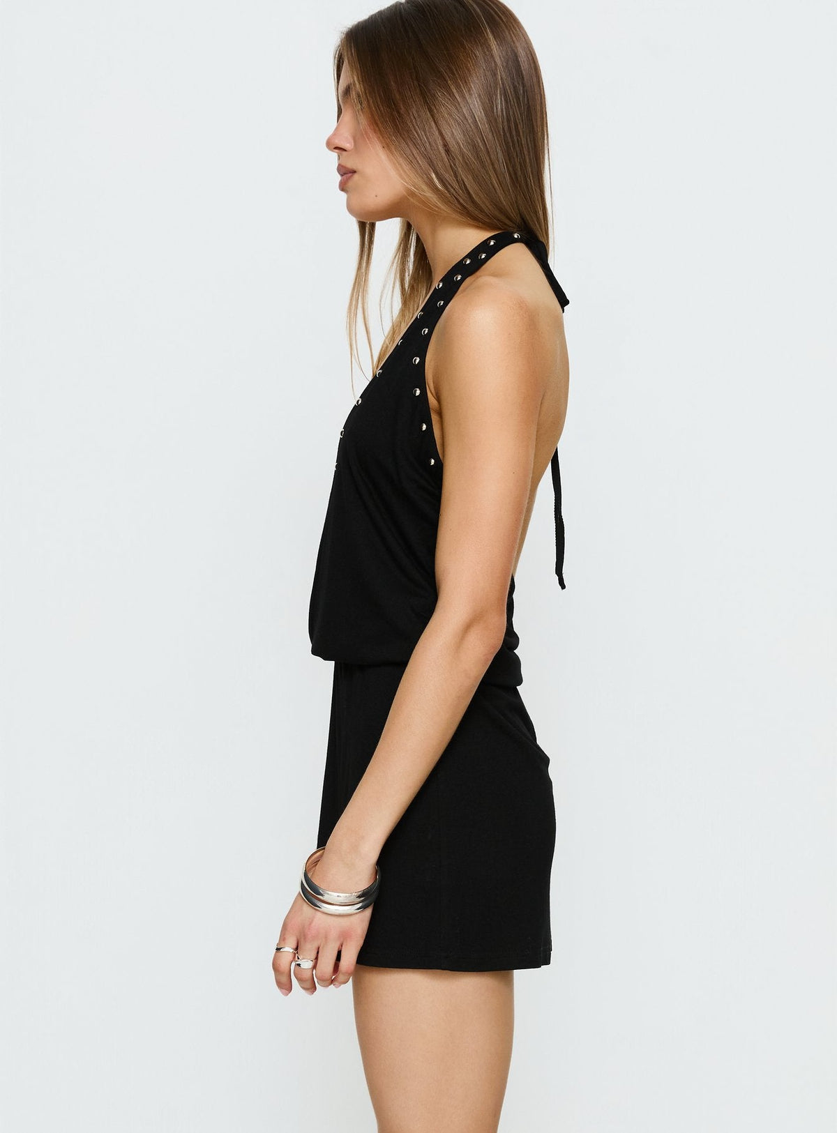 Amary Stud Detail Halter Playsuit Black
