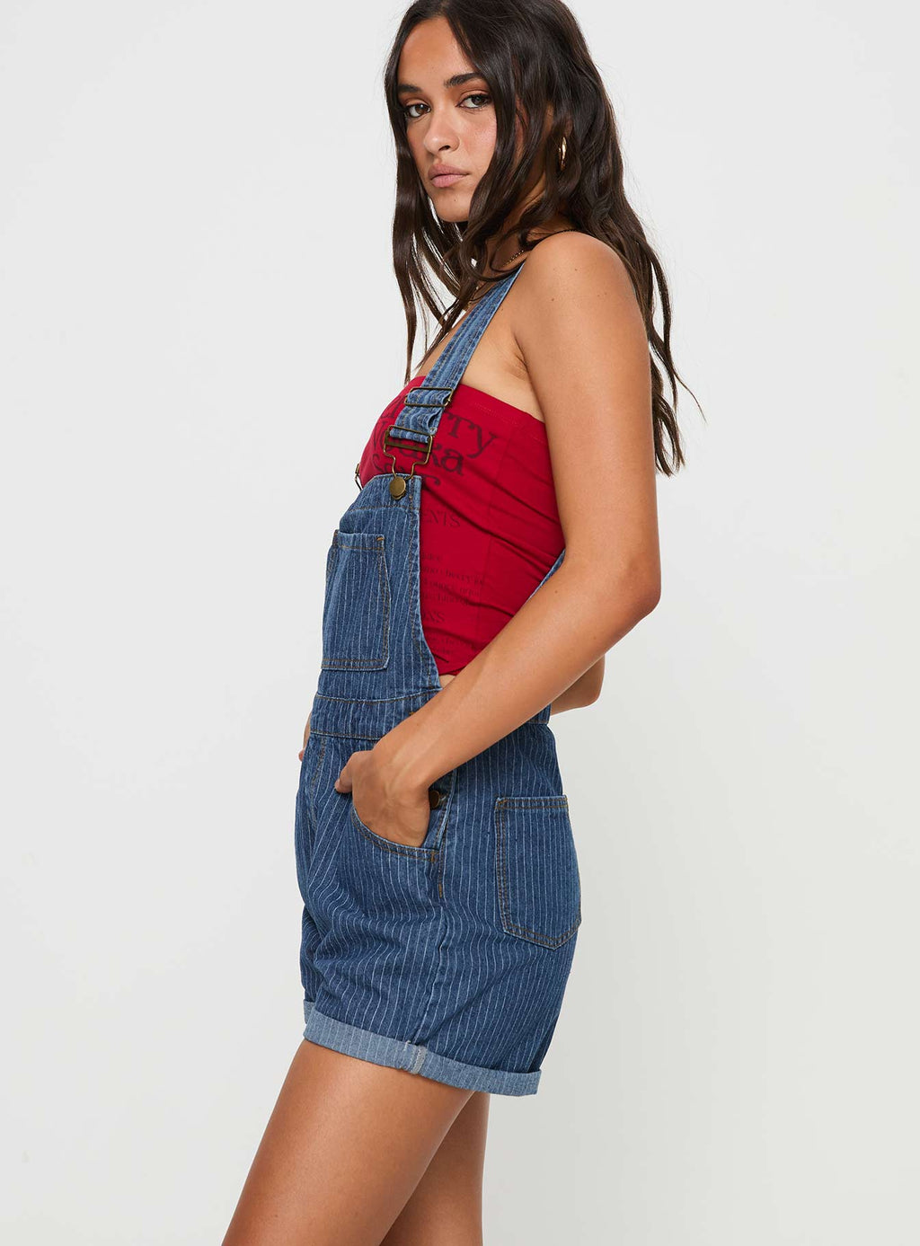 Kacey Short Overalls Mid Blue Pinstripe