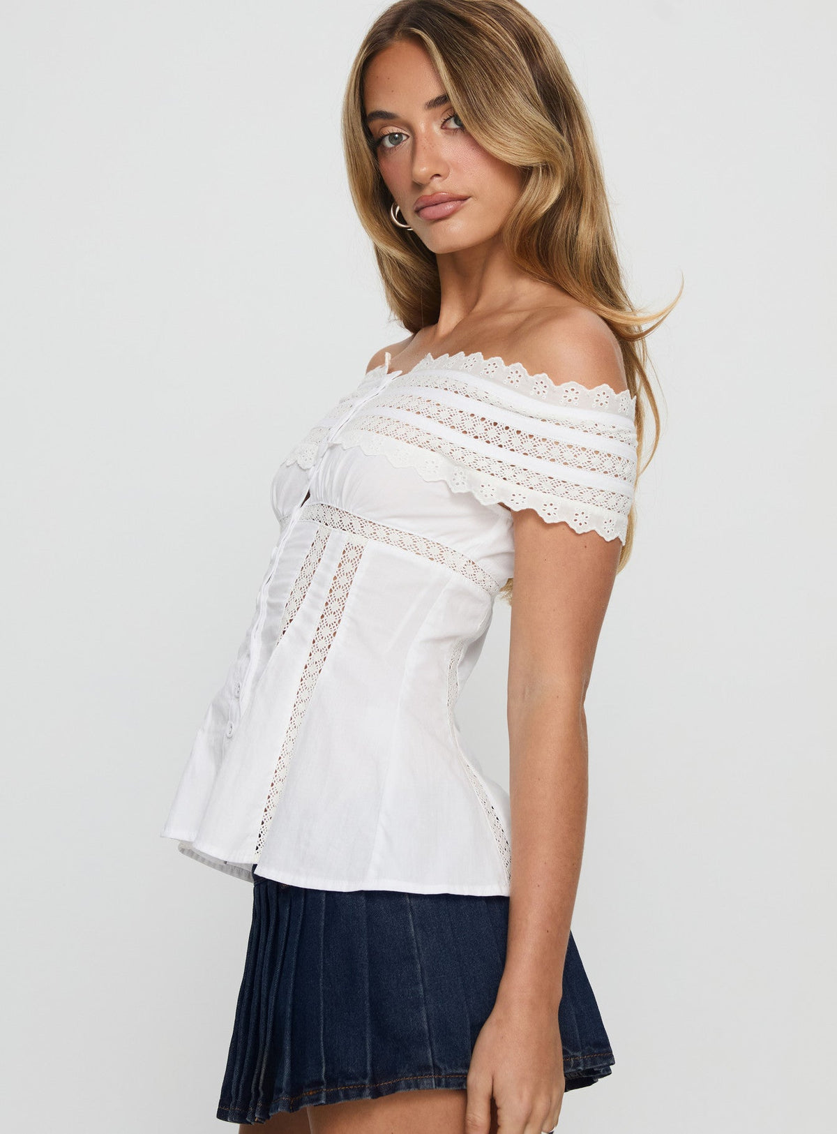Stately Off Shoulder Lace Trim Top White
