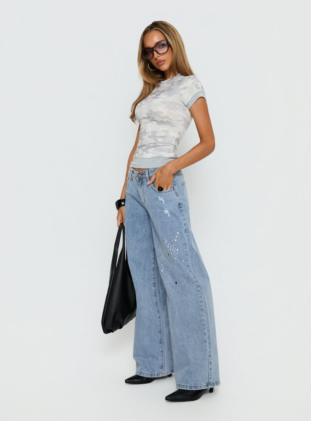 Candi Mid Rise Wide Leg Studded Jeans Light Blue Wash