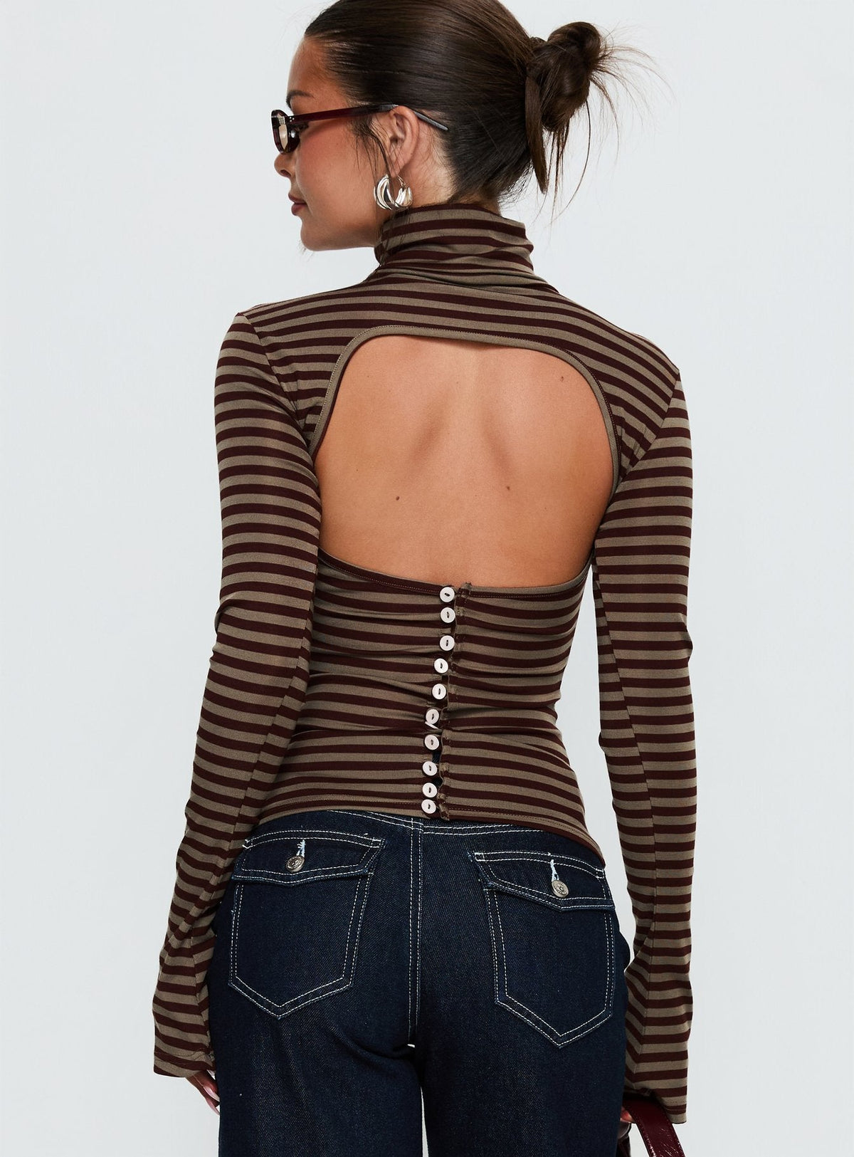 Temika Long Sleeve Backless Top Brown Stripe