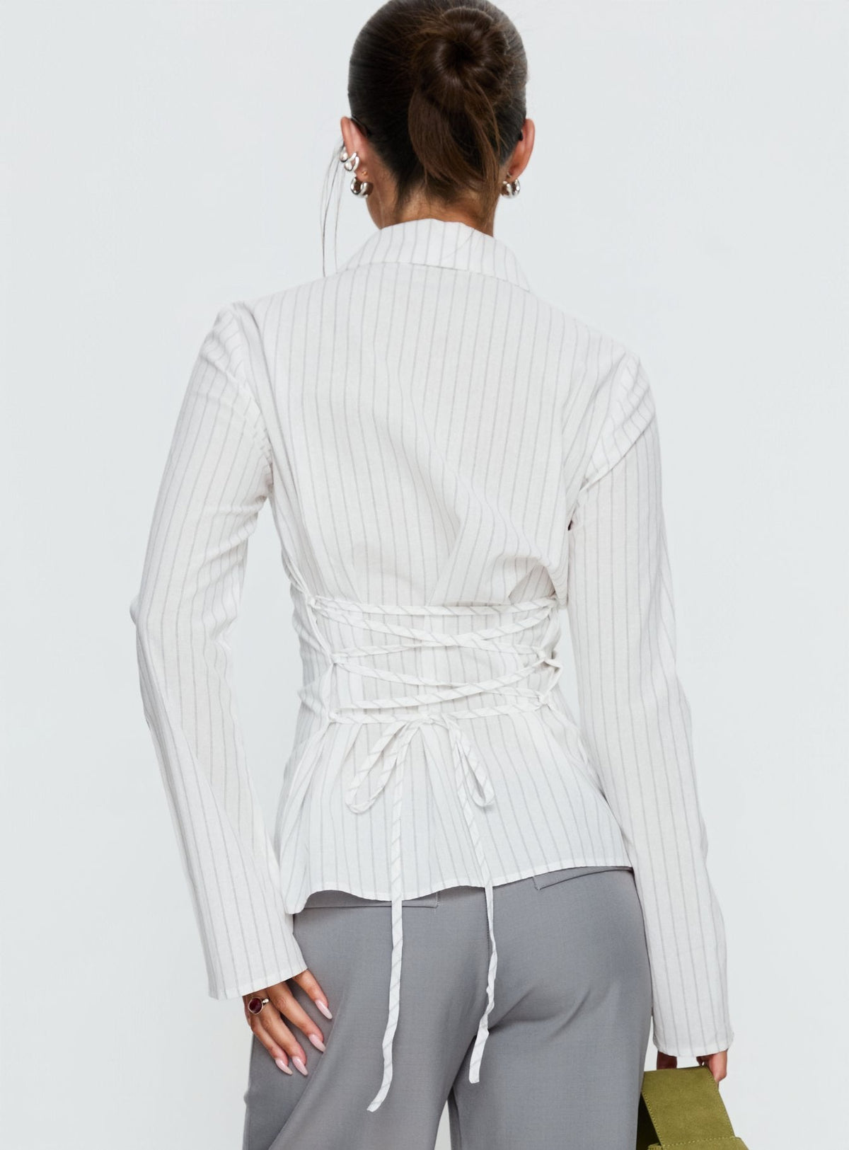 Eryx Tie Back Button Up Top White Pinstripe