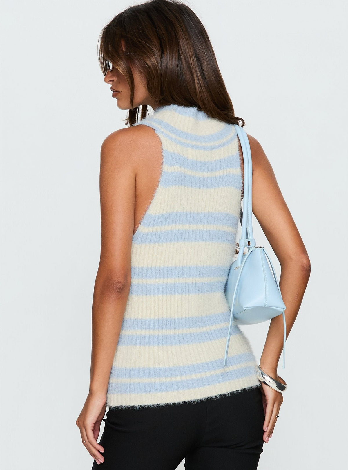 Heide High Neck Fluffy Top Blue Stripe
