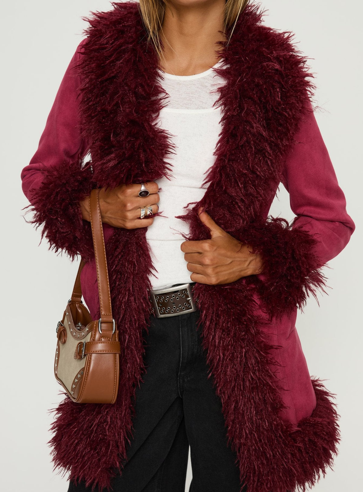 Josefina Faux Fur Detail Jacket Wine