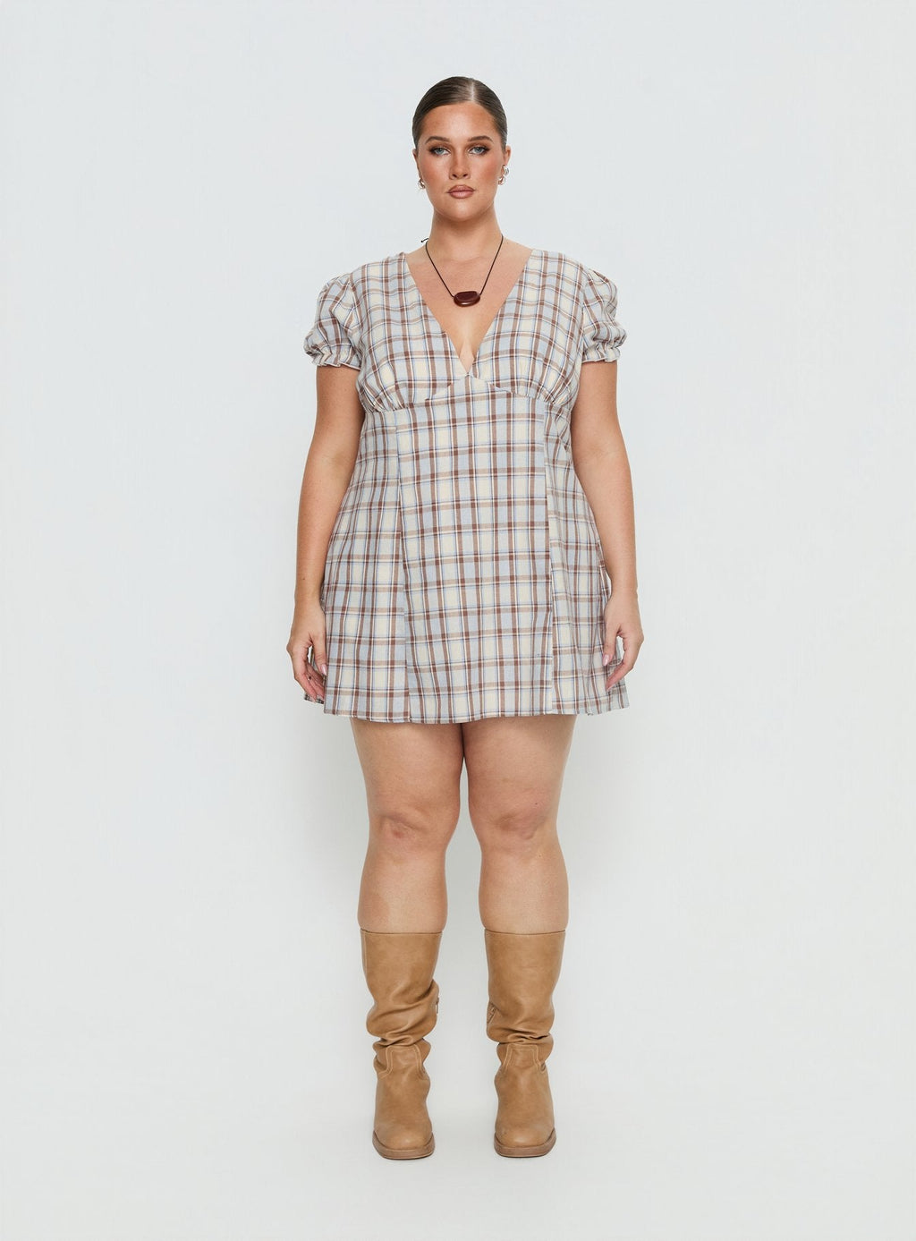 Mystee Plunge Neck Romper Blue Check Curve
