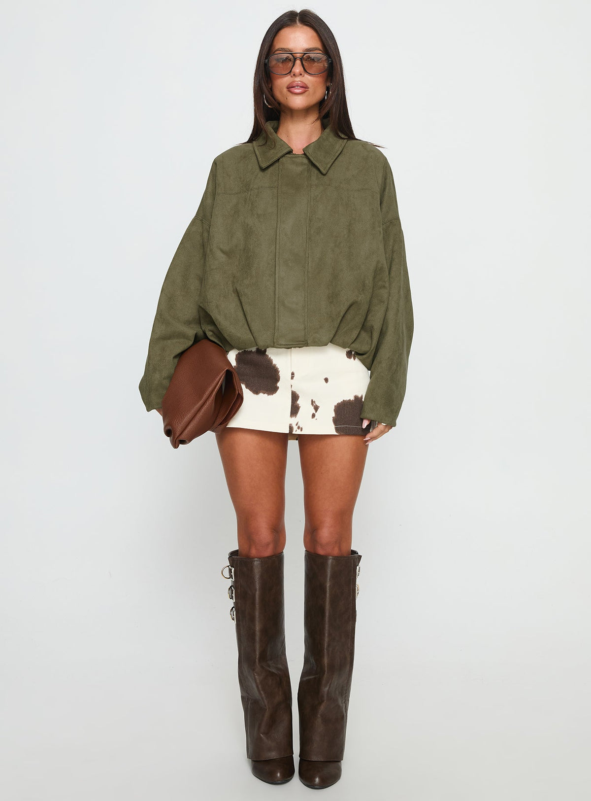 Enlightened Faux Suede Bomber Jacket Khaki