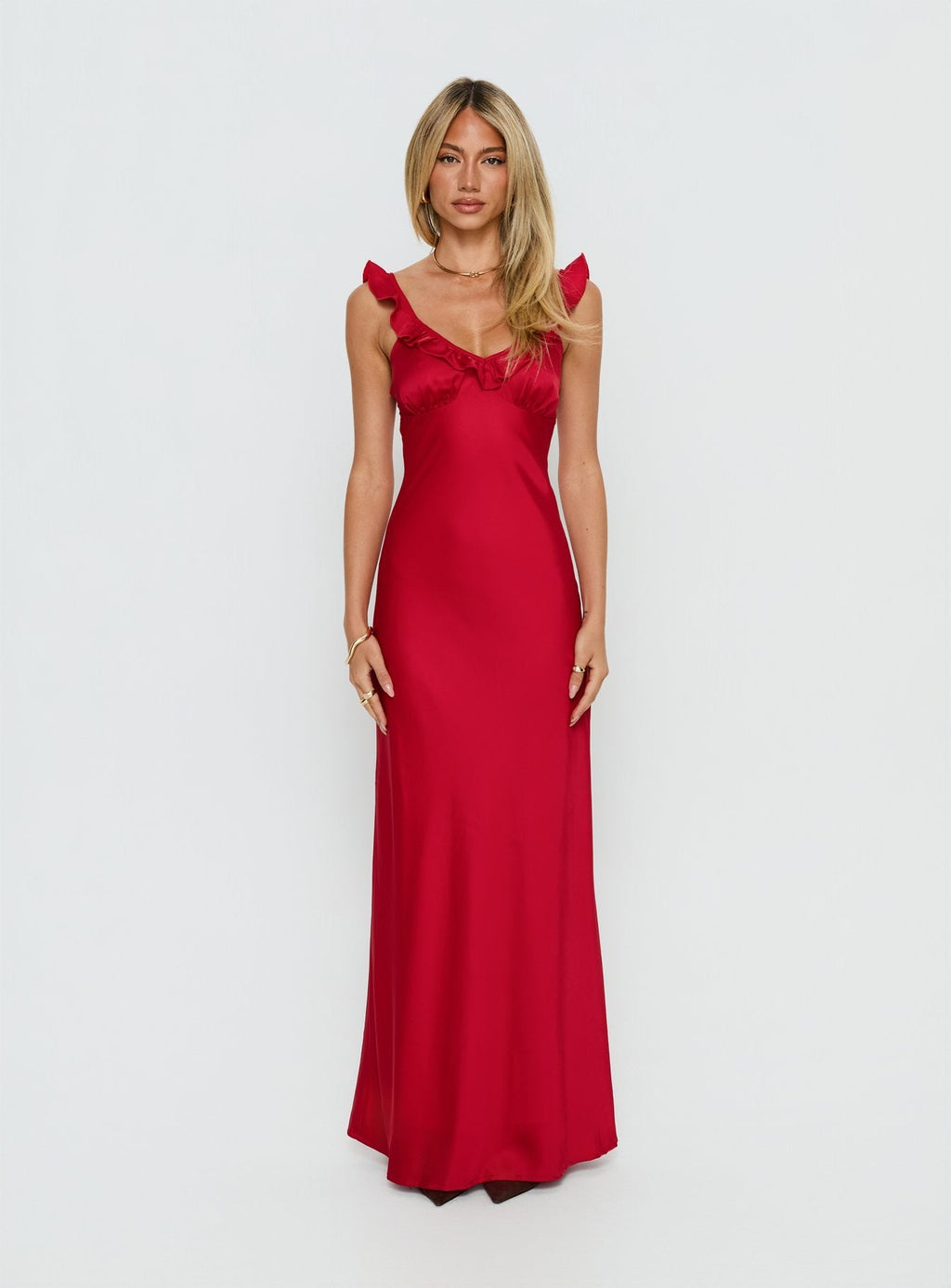 Ondrea Frill V Neck Maxi Dress Red