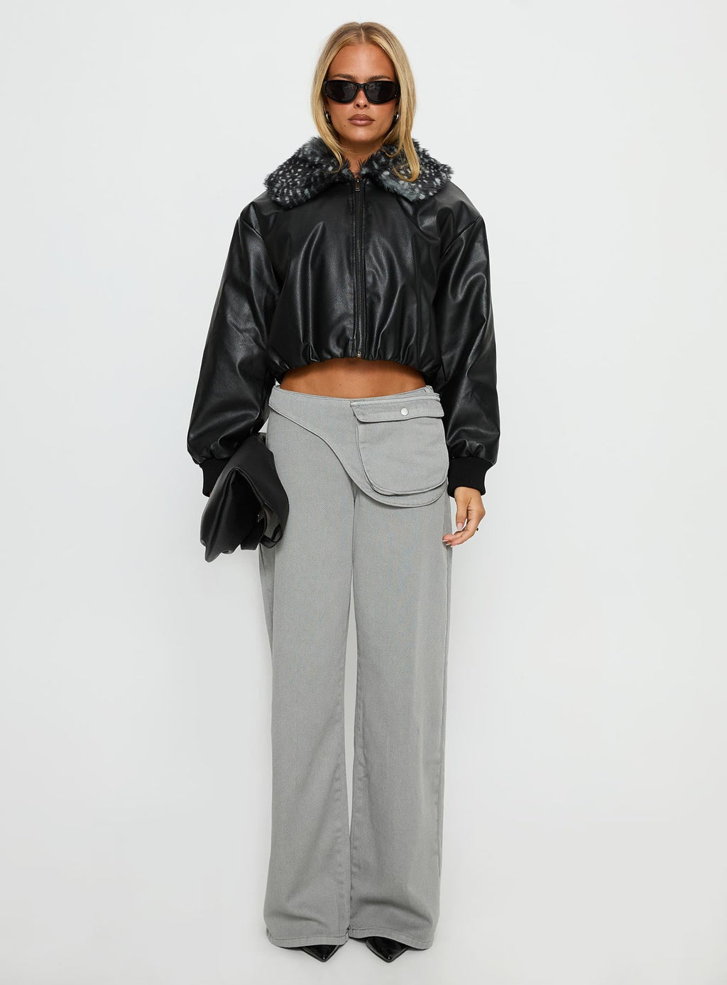 Koemi Faux Leather Collared Jacket Black