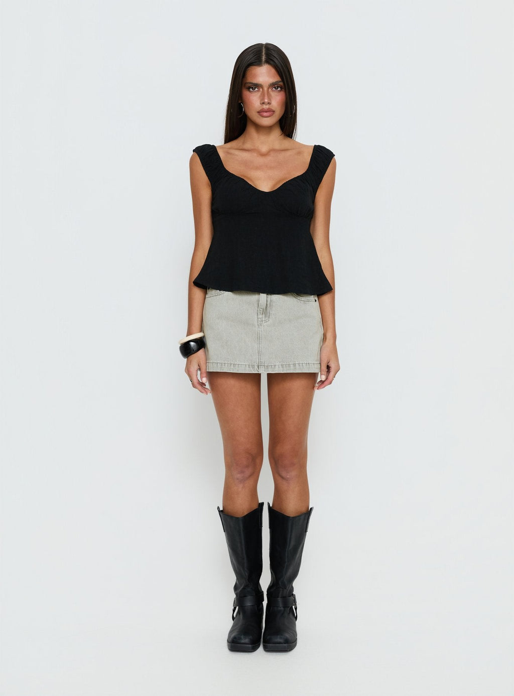 With Pleasure Puff Sleeve Linen Blouse Top Black